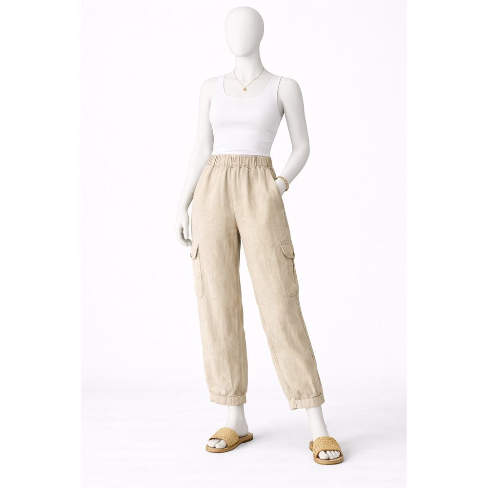 Nicole Miller Linen Cargo Pants 26x27 Beige Elastic Waist Tapered Women Small